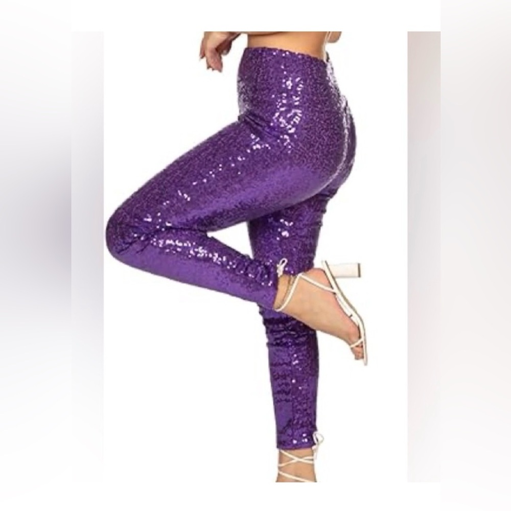 NWT Tipsy Elves Purple Sequin High Waisted Women's Leggings Pants - Picture 2 of 7